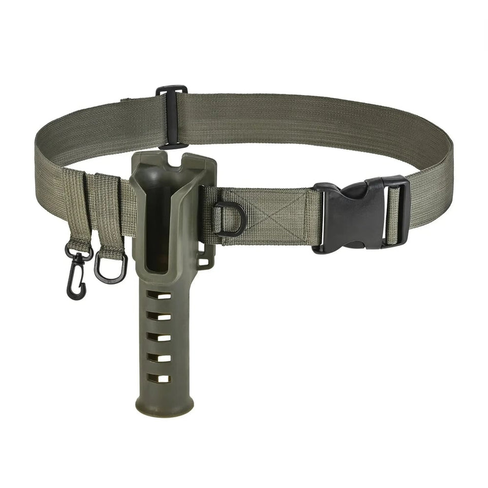 Fishing rod holder belt for outdoor enthusiasts, adjustable and comfortable for extended fishing sessions.