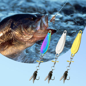 Close-up of TurboSpin fishing lure with metallic reflective coating and sharp hooks