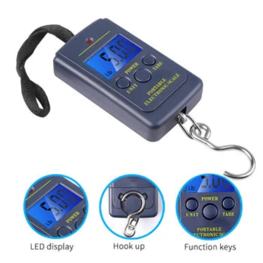 A digital fishing scale with a black body, blue LED display, and a silver hook.
