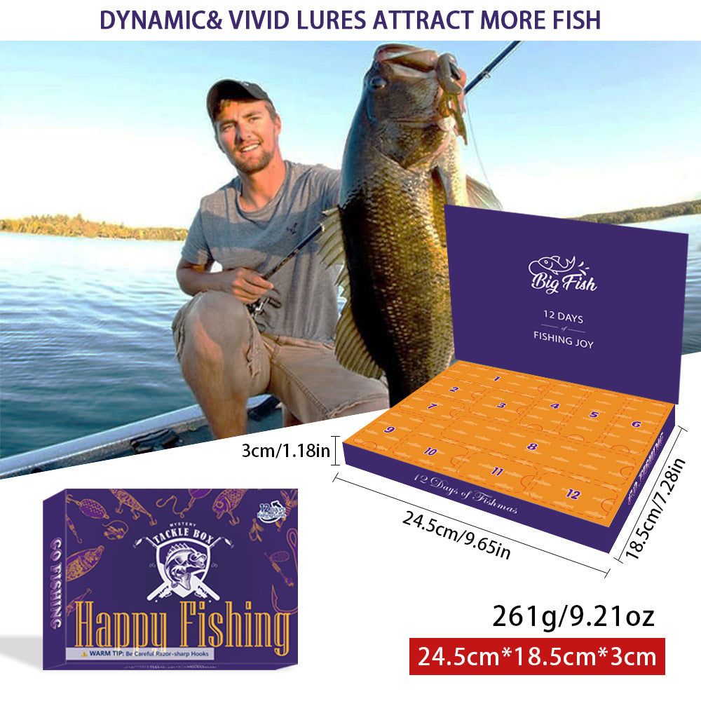 Fishing lure packaging with a man holding a large fish and product details.