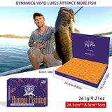 Fishing lure packaging with a man holding a large fish and product details.