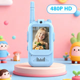 Children's walkie-talkie with a screen displaying a child's face, set against a colorful background with toys.
