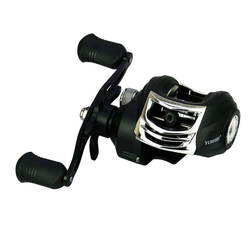 Fishing reel with black and silver design on a white background