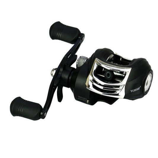 Fishing reel with black and silver design on a white background