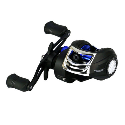 Black fishing reel with blue accents on a white background