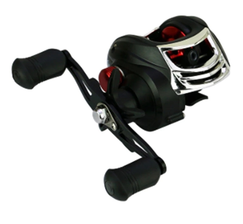 Fishing reel with black and silver design on a white background