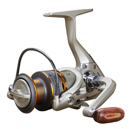 Fishing reel with metallic and wooden design on a white background