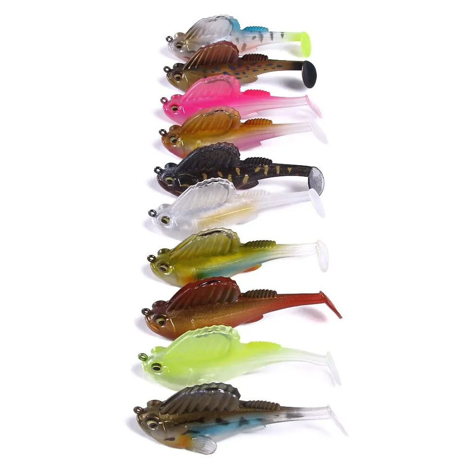 Row of colorful fishing lures on a white background