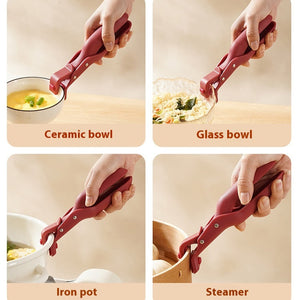 Red ladle being used with ceramic, glass, iron pot, and steamer bowls on a beige background.