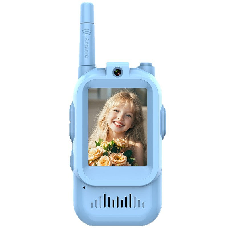 Blue walkie-talkie with a screen displaying a child's photo on a white background