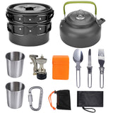 Collection of camping and outdoor cooking equipment including pots, kettle, cups, utensils, and carabiner on a white background.
