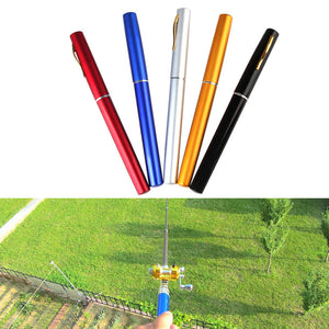 Five colorful fishing rods with a grassy field and fishing rod in use at the bottom.