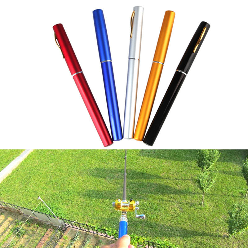 Five colorful fishing rods with a grassy field and fishing rod in use at the bottom.
