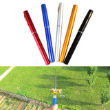 Five colorful fishing rods with a grassy field and fishing rod in use at the bottom.