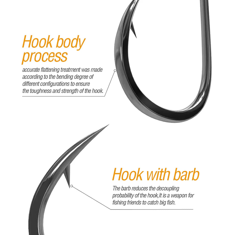 Close-up of a fishing hook with text explaining the hook body process and the use of a barb.