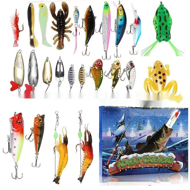 Assorted fishing lures and a fishing-themed Advent calendar on a white background