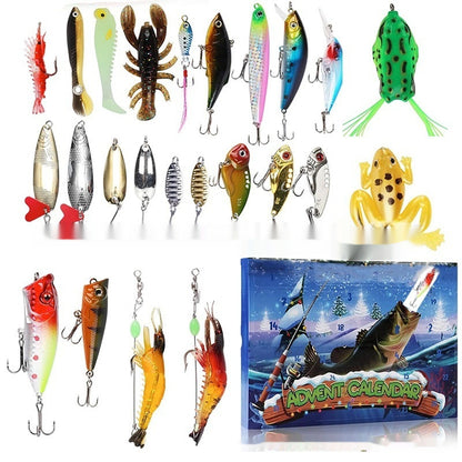 Assorted fishing lures and a fishing-themed Advent calendar on a white background