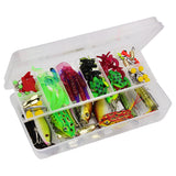 Assorted fishing lures in a clear box on a white background