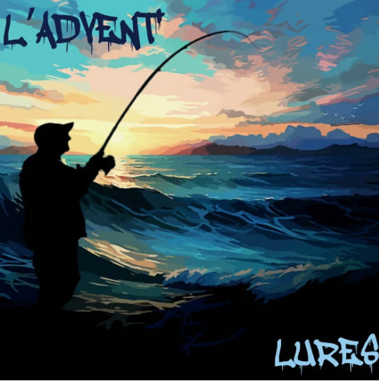 Fishing scene with silhouette against a colorful sunset sky, featuring the brand 'L'Advent'.