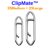Two metal clips with 'ClipMate' branding and text indicating quantity on a white background.