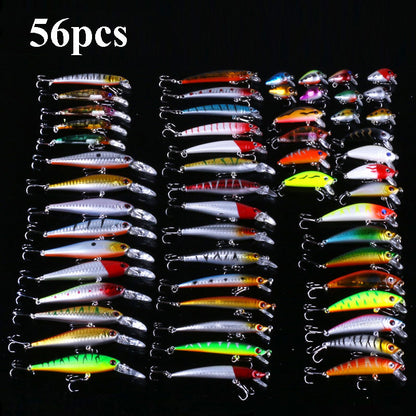 56PCS fishing set with realistic lures and fake baits
