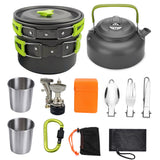 Collection of camping and outdoor cooking equipment including a pot, kettle, cups, utensils, and a carabiner.