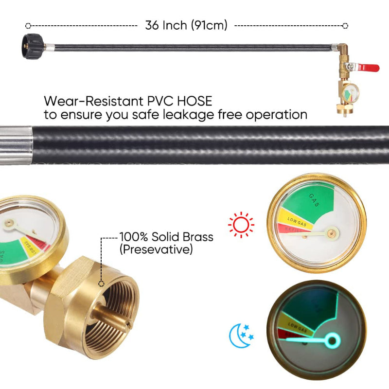 Wear-resistant PVC hose with brass gauges and valve, featuring measurements and safety information.
