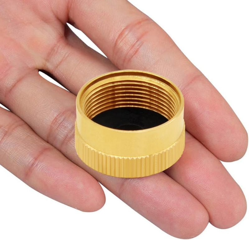 Gold-colored female hose connector held in a hand against a white background