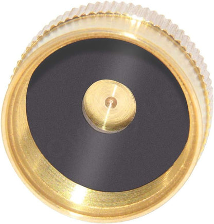 Close-up of a mechanical component with gold and black finish on a white background