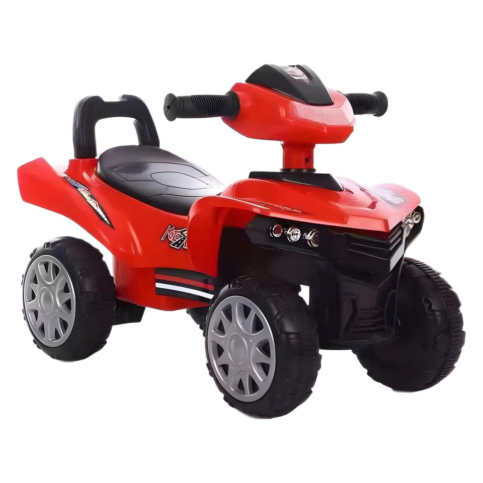 Red toy ATV with black seat on a white background