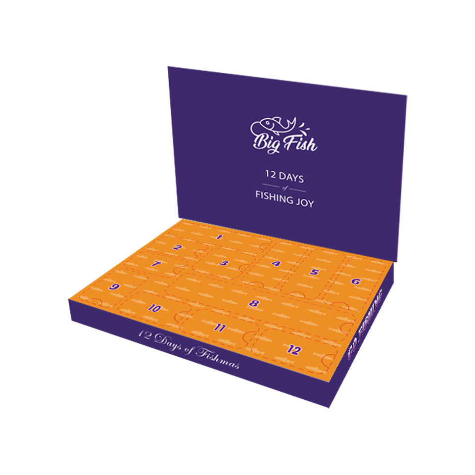 Advent calendar box for '12 Days of Fishing Joy' by Big Fish on a white background