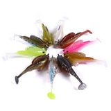 Assorted colorful fishing lures arranged in a circular pattern on a white background