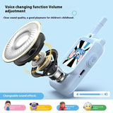Toy walkie-talkie with voice changing function and volume adjustment on a light blue background