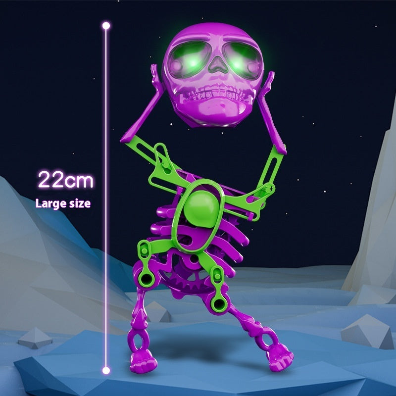 Glowing purple and green skeleton figure with a measurement indicator on a dark background