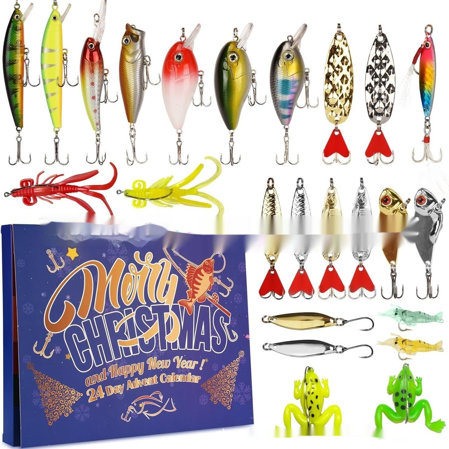 Assorted fishing lures with a 'Merry Christmas and Happy New Year' advent calendar.