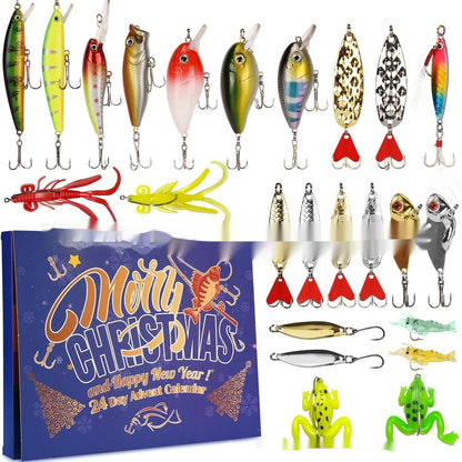 Assorted fishing lures with a 'Merry Christmas and Happy New Year' advent calendar.