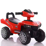 Red toy ATV with black accents on a white background