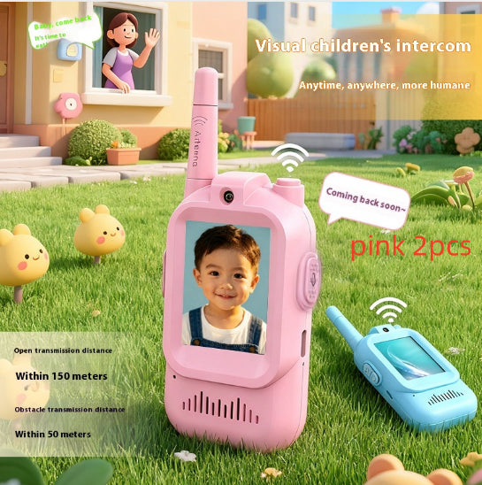 Pink and blue children's intercom toys on a grassy outdoor background with text about features.