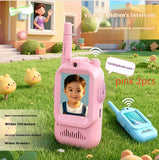 Pink and blue children's intercom toys on a grassy outdoor background with text about features.