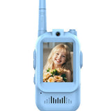 Two blue walkie-talkies with a photo of a child on each display screen.