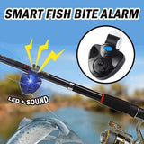An advertisement image for a smart fish bite alarm, showing the device attached to a fishing rod with a depiction of a fish and a LED light, indicating the product's use and features.