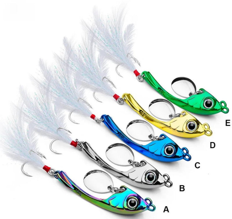 Set of colorful fishing lures with feathers on a white background