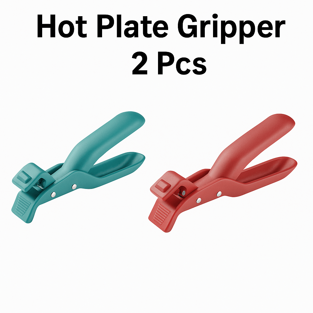 Two hot plate grippers, one green and one red, on a white background with text indicating quantity.