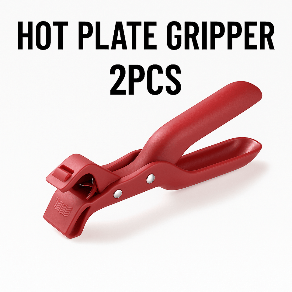 Red hot plate gripper with text 'HOT PLATE GRIPPER 2PCS' on a white background