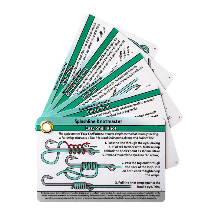 A set of instructional cards for tying fishing knots, with text and diagrams showing the steps for each knot.