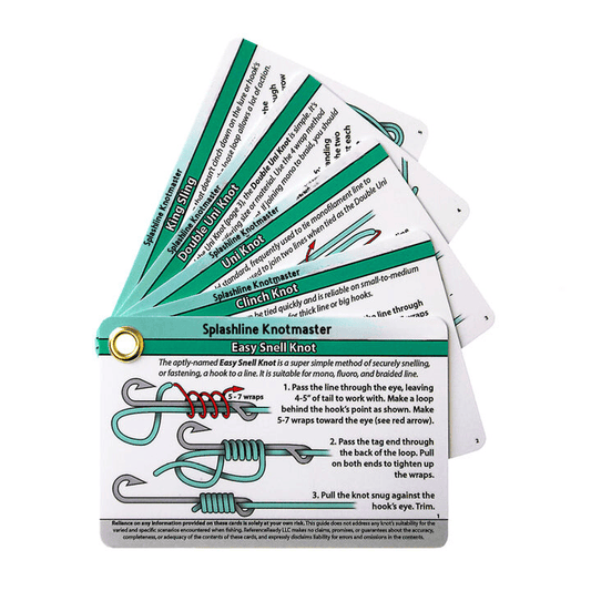 A set of instructional cards for tying fishing knots, with text and diagrams showing the steps for each knot.