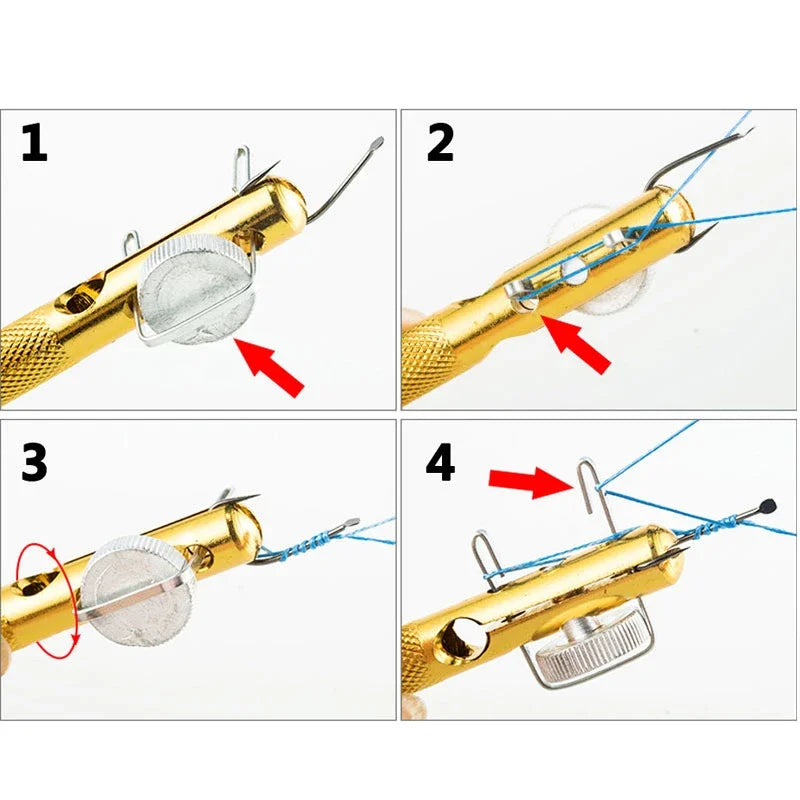 Fish Line Hook Tie Device assisting with knot tying on a fishing hook.