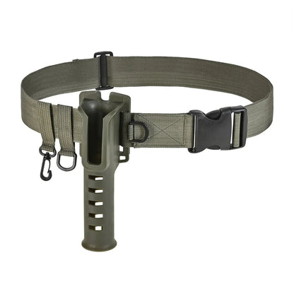 Fishing rod holder belt for outdoor enthusiasts, adjustable and comfortable for extended fishing sessions.