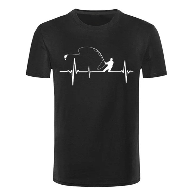 A black short-sleeved T-shirt with a graphic print of a fish and a heartbeat line on the front.
