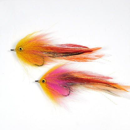 Hand-tied roadrunner fly fishing hooks with vibrant colors
